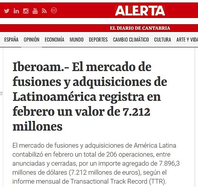 El mercado de fusiones y adquisiciones de Latinoamrica registra en febrero un valor de 7.212 millones